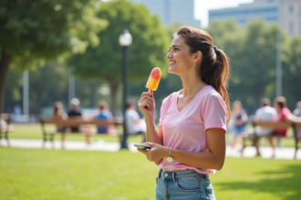 Jeune femme souriante dégustant un Mister Freeze en plein air