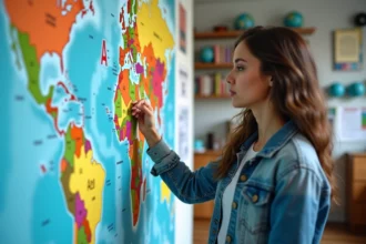 Jeune femme en classe regardant une carte du monde