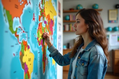 Jeune femme en classe regardant une carte du monde