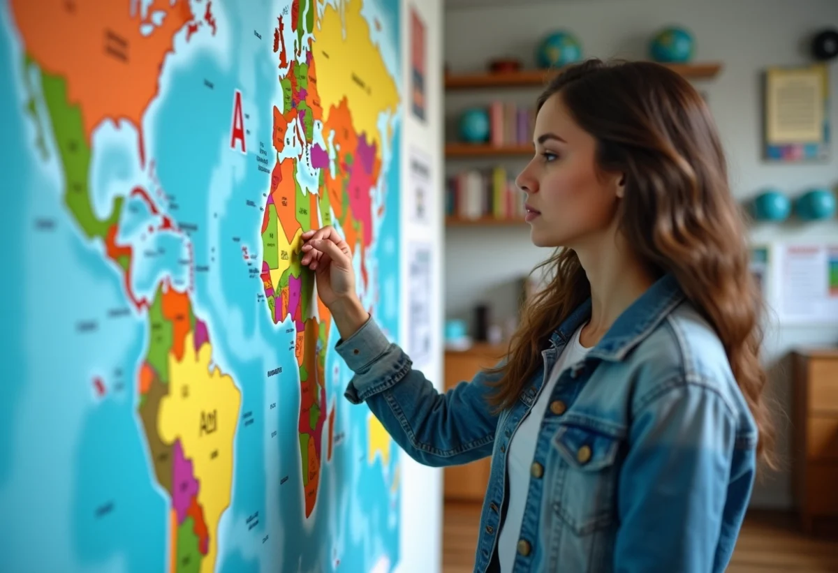 Jeune femme en classe regardant une carte du monde