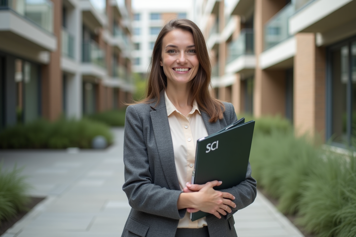 Jeune femme souriante devant un immeuble neuf