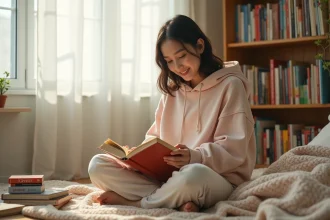 Jeune femme lisant un manga yaoi dans sa chambre cosy entourée de livres manga empilés