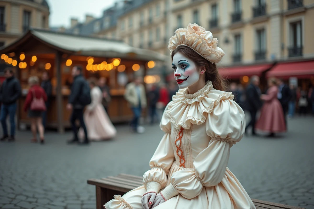 Jeune femme en costume de Pierrot dans une place parisienne