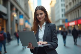 Jeune femme professionnelle avec ordinateur en ville