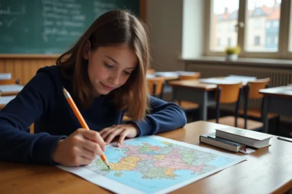 Jeune fille en classe remplissant une carte de France avec des crayons