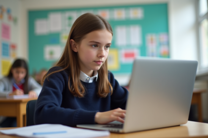 Jeune fille au lycée utilisant un ordinateur dans une salle lumineuse