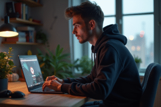 Jeune homme au bureau regarde un ordinateur avec VPN