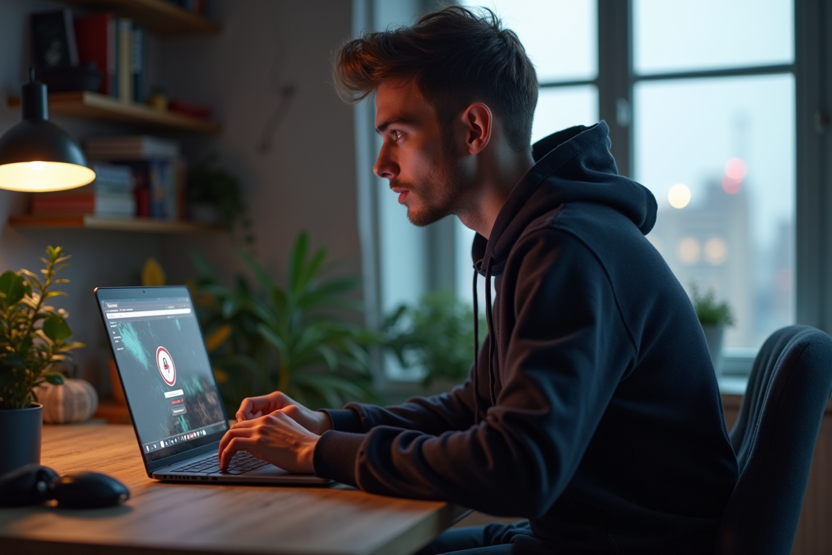 Jeune homme au bureau regarde un ordinateur avec VPN