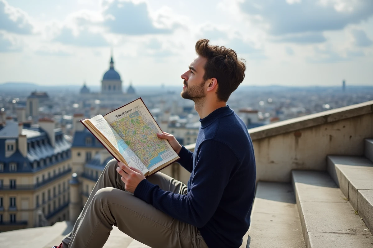 Jeune homme lisant un guide touristique avec carte des arrondissements de Paris assis sur des marches avec vue sur les toits