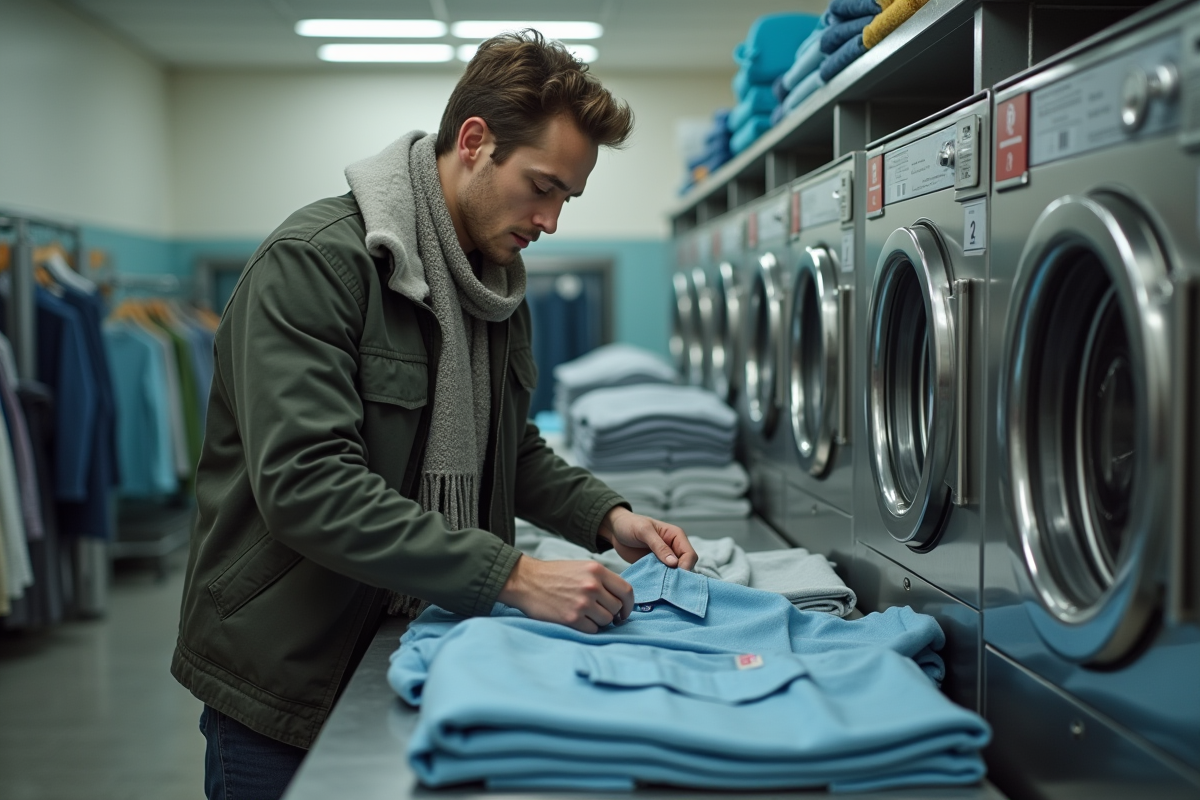 Jeune homme pliant des chemises dans une laverie de seconde main
