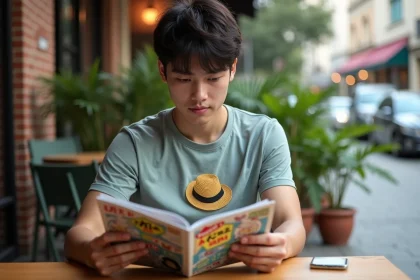 Jeune homme lisant manga dans un café urbain