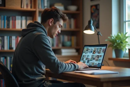 Jeune homme lisant manga sur un ordinateur dans un appartement