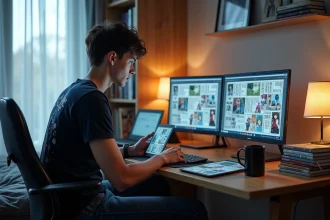 Jeune homme compare scans manga Blue Lock sur ordinateur et tablette