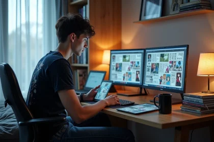 Jeune homme compare scans manga Blue Lock sur ordinateur et tablette