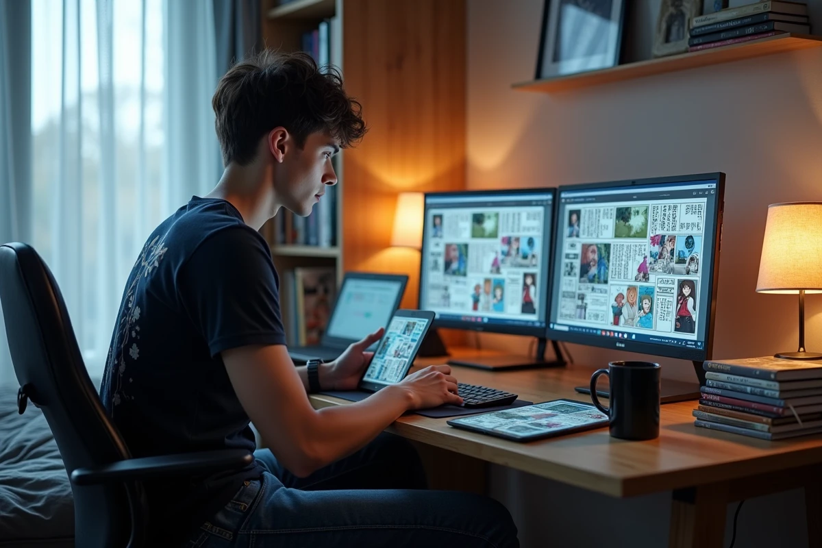 Jeune homme compare scans manga Blue Lock sur ordinateur et tablette