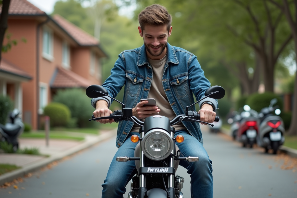 Jeune homme souriant sur moto Dax en ville