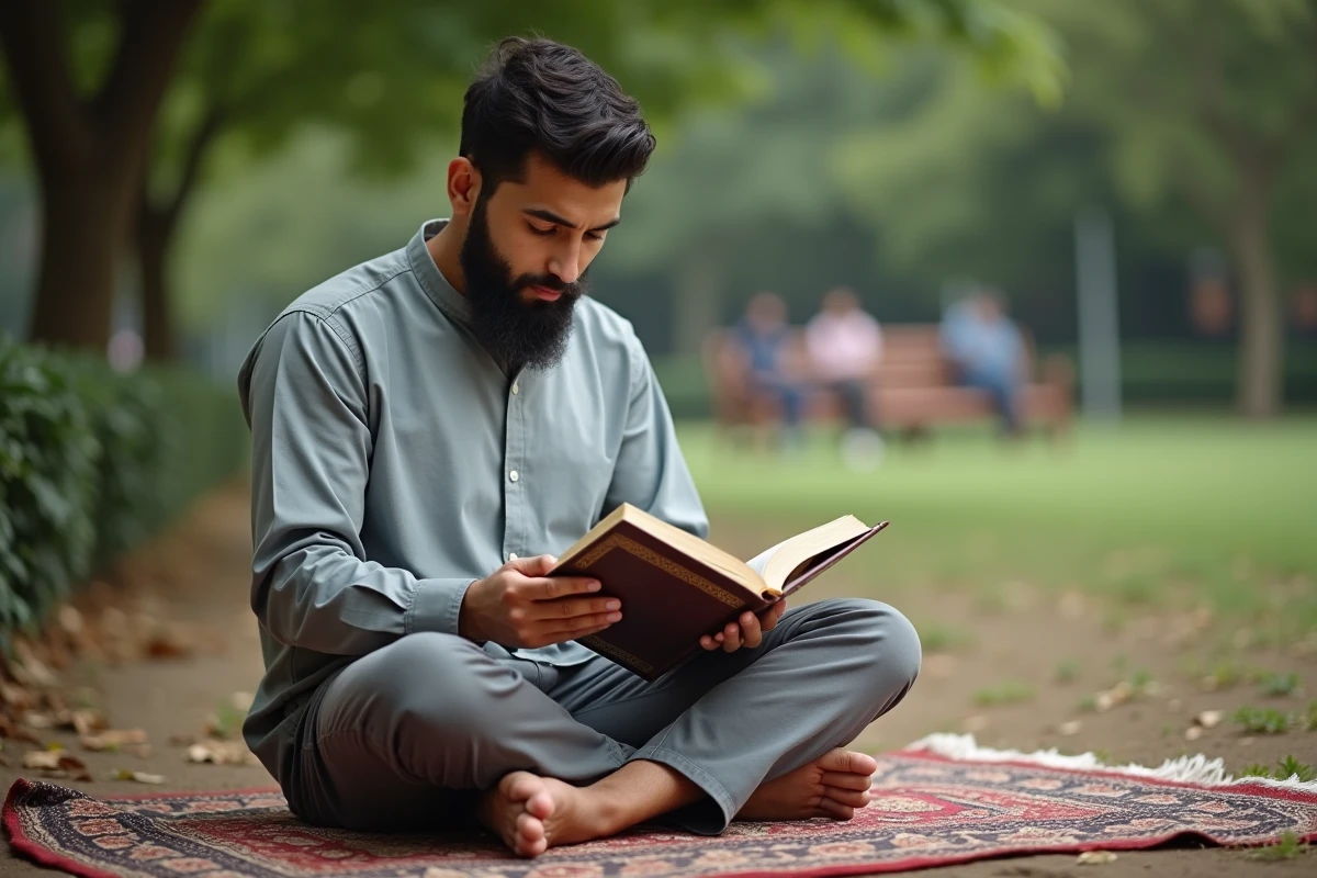 Jeune homme lisant le Quran dans un parc
