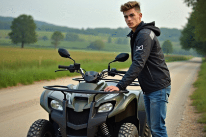 Jeune homme pointant le tableau de bord d'un quad en campagne