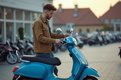 Jeune homme inspectant un scooter 50cc en concession