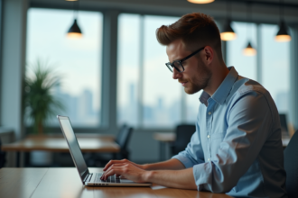 Jeune homme informaticien travaillant sur un ordinateur dans un coworking