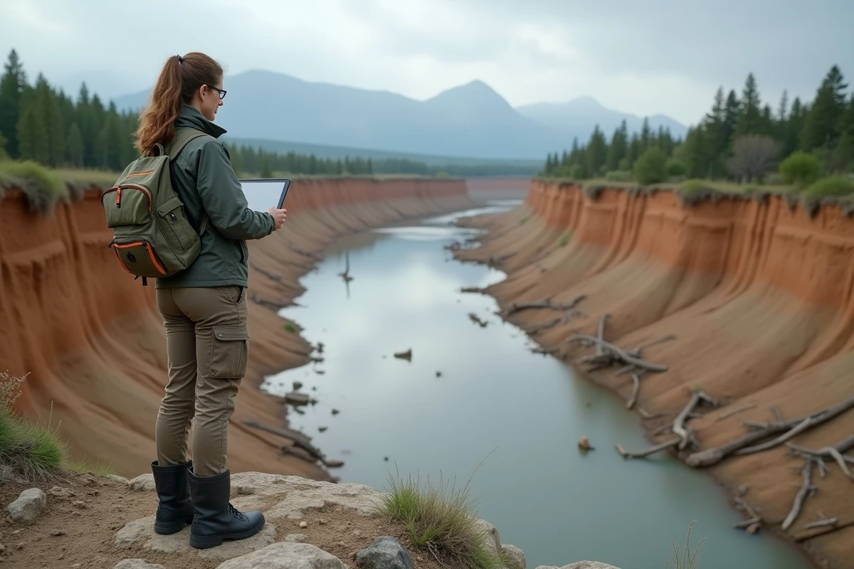 Jeune scientifique observant une rivière asséchée