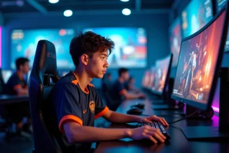 Joueur professionnel de Fortnite en pleine compétition lors d'un tournoi esport dans une arène moderne