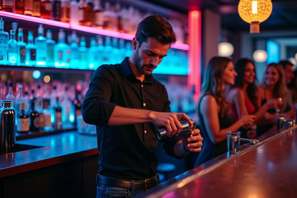 Barman préparant des cocktails au bar du Kripton Club à Yssingeaux, ambiance nocturne animée avec des clients en soirée