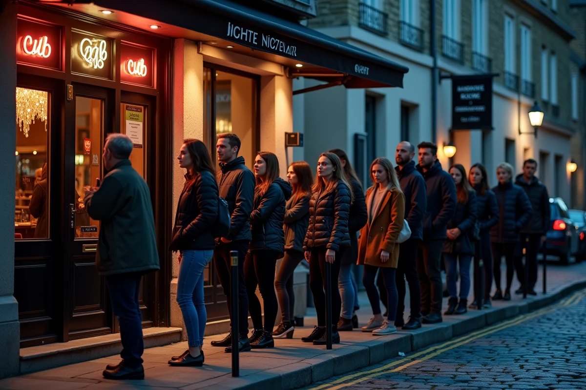 File d'attente devant l'entrée du Kripton Club à Yssingeaux la nuit, jeunes fêtards attendant derrière le cordon de sécurité