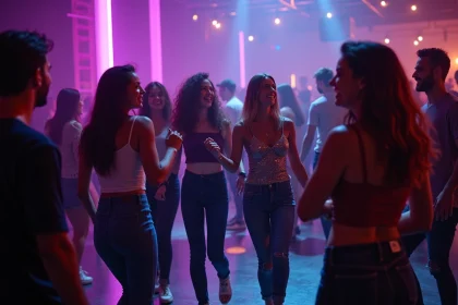 Ambiance festive sur la piste de danse du Kripton Club à Yssingeaux, jeunes adultes dansant sous des lumières LED colorées