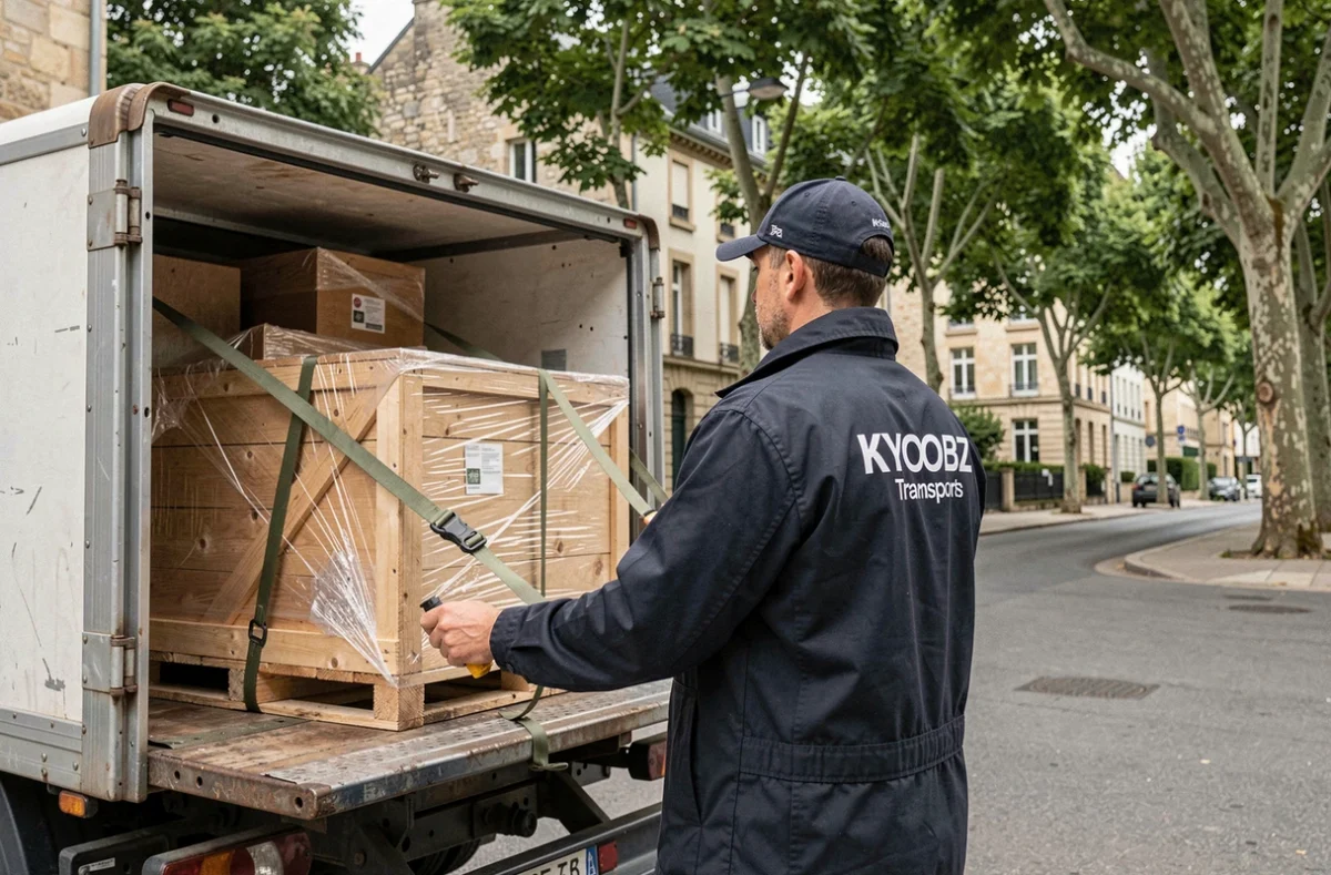 Chauffeur KYOOBZ Transports arrimant des sangles sur des caisses en bois chargées dans un camion garé dans une rue de Besançon