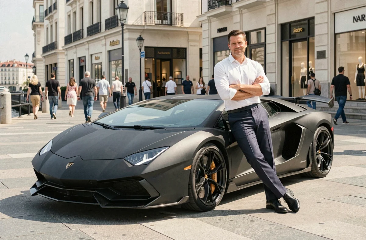 Lamborghini noire garée sur un boulevard en bord de mer avec son propriétaire élégant, symbole de provocation et de statut social