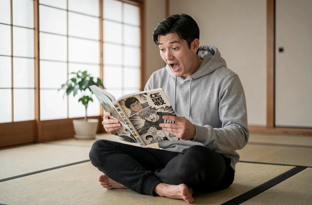 Fan de manga lisant le scan 290 de One Punch Man avec une expression de surprise dans un appartement japonais