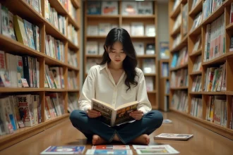 Jeune femme lisant des mangas dans une librairie japonaise entourée de volumes shojo et seinen