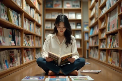 Jeune femme lisant des mangas dans une librairie japonaise entourée de volumes shojo et seinen