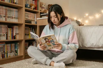 Jeune femme lisant un manga de type BL (Boys' Love) dans sa chambre entourée de nombreux volumes de manga