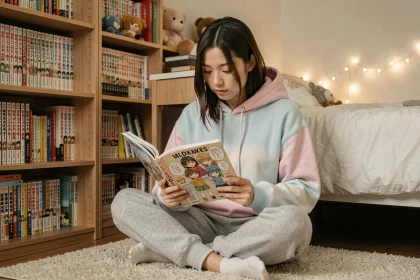 Jeune femme lisant un manga de type BL (Boys' Love) dans sa chambre entourée de nombreux volumes de manga