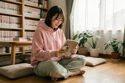Jeune femme lisant un manga dans une chambre décorée à la japonaise avec des étagères remplies de volumes de manga