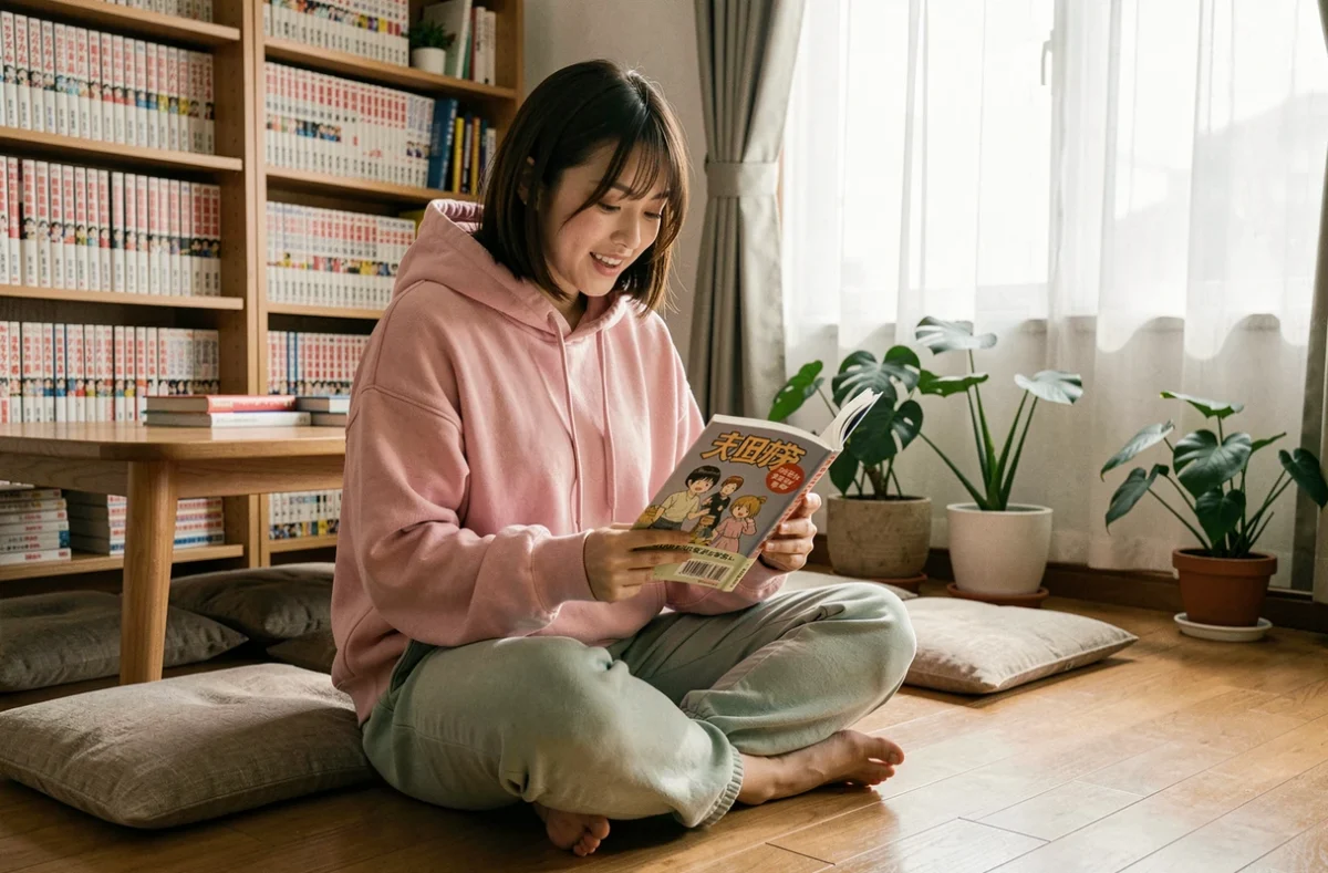 Jeune femme lisant un manga dans une chambre décorée à la japonaise avec des étagères remplies de volumes de manga