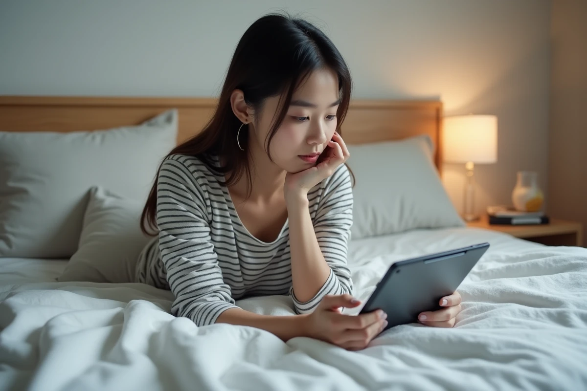 Jeune femme lisant un manga yaoi sur tablette allongée sur son lit dans une chambre minimaliste