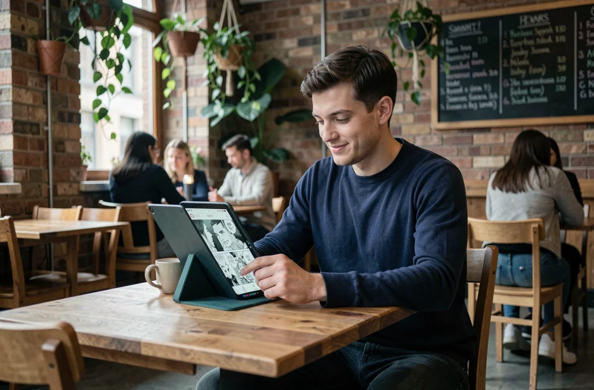 Homme lisant des scans de manga Boys' Love sur une tablette dans un café urbain