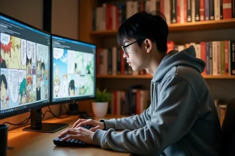 Jeune homme lisant des scans de manga en ligne sur un écran d'ordinateur dans un bureau à domicile