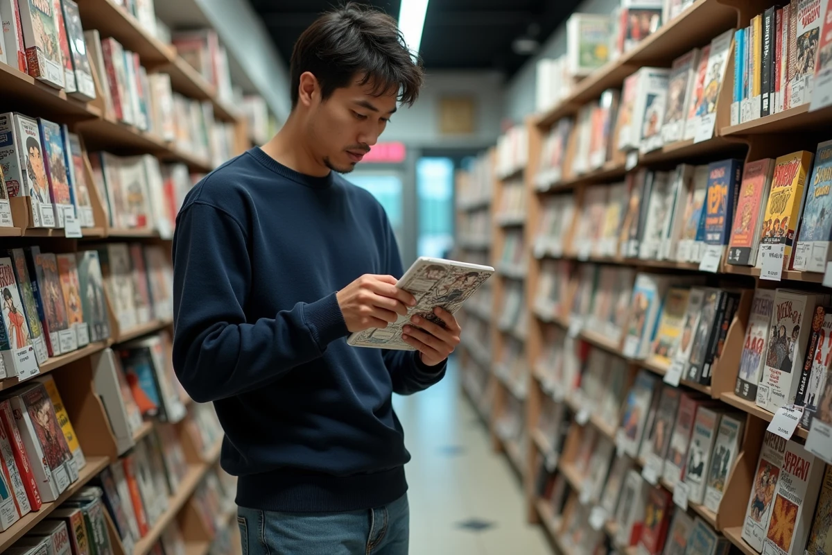 Homme en librairie comparant manga imprimé et webtoon numérique sur tablette parmi des étagères de bandes dessinées
