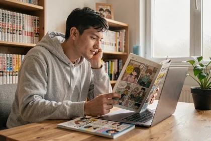 Jeune homme lisant des scans manga sur son ordinateur portable sans publicités intrusives