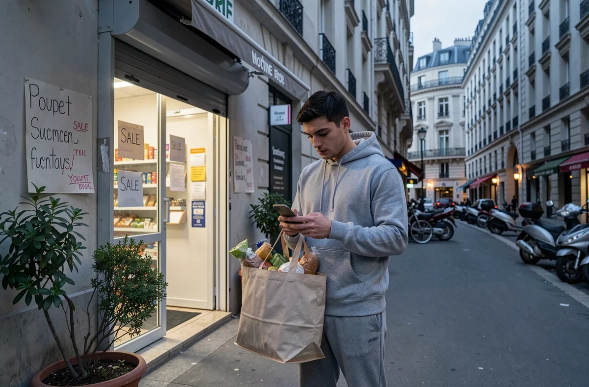 Étudiant devant un magasin ouvert en soirée dans une rue proche du campus de Montpellier