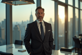 Magnat d'affaires confiant dans son bureau moderne avec vue sur la ville