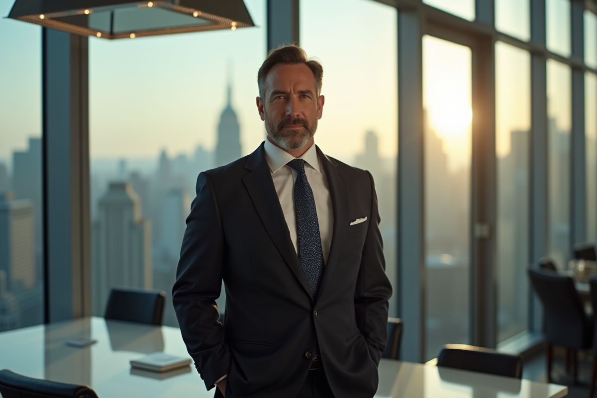 Magnat d'affaires confiant dans son bureau moderne avec vue sur la ville