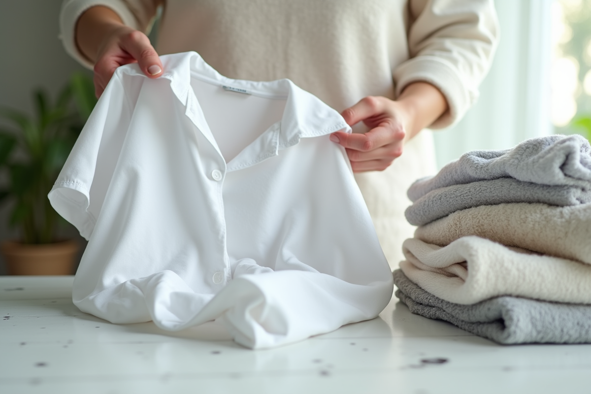 Mains tenant un vêtement blanc propre à côté de linge sale