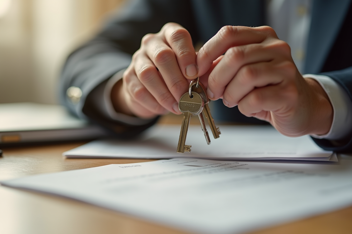 Mains d une personne âgée tenant des clés sur une table en bois