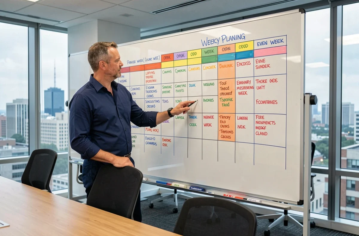 Manager présentant un planning semaines paires impaires 2026 sur tableau de verre en salle de réunion