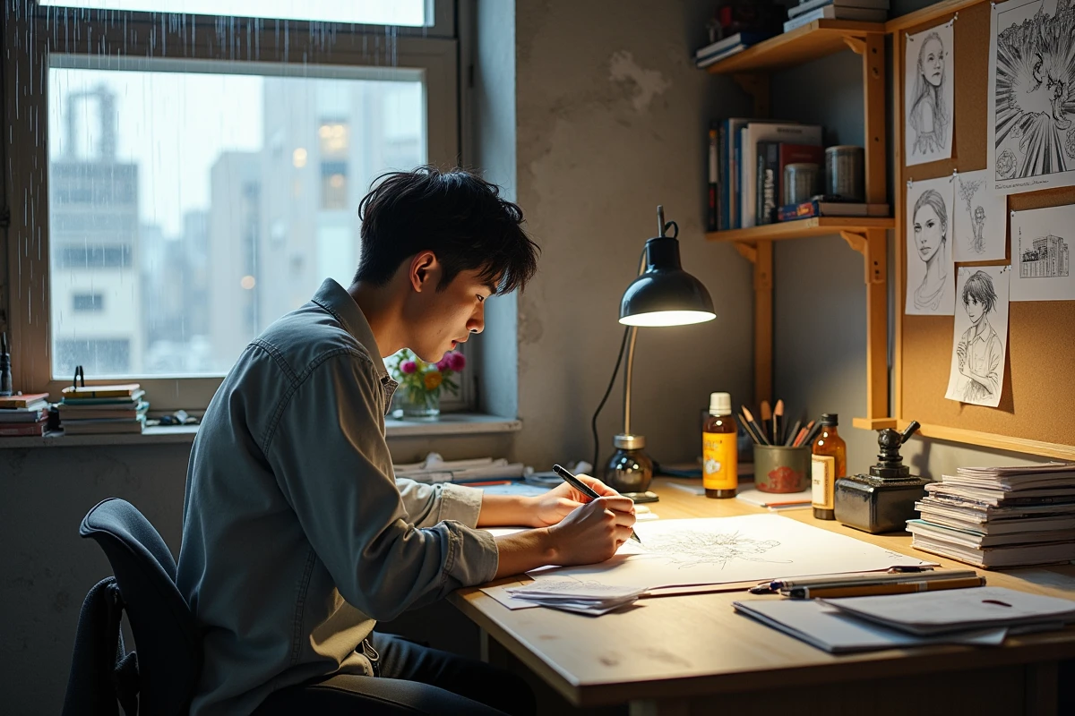 Mangaka japonais encrant une planche dans son studio avec des références shojo et seinen au mur